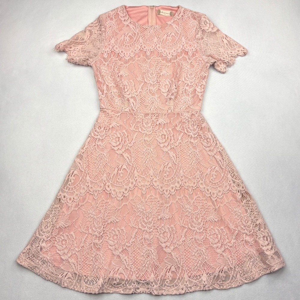 Altard State Dress Womens Small Pink Floral Lace Tiered Short Sleeve Fit Flare